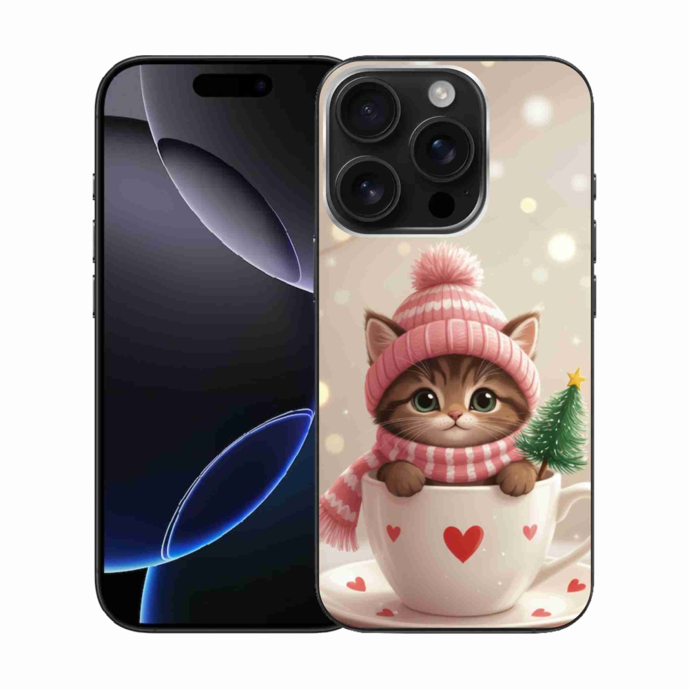 Gélový kryt mmCase na iPhone 16 Pro - vianočné mačiatko v hrnčeku