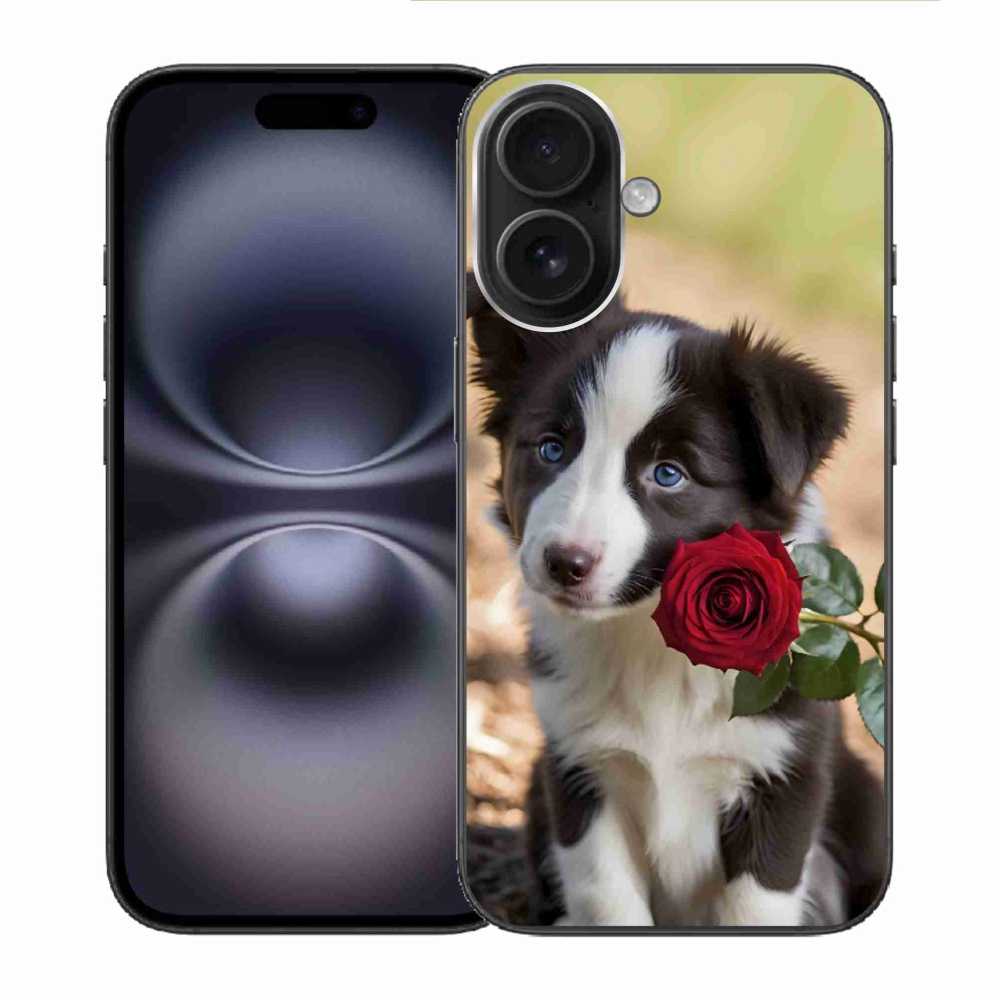 Gélový kryt mmCase na iPhone 16 - roztomilá border kólia s ružou