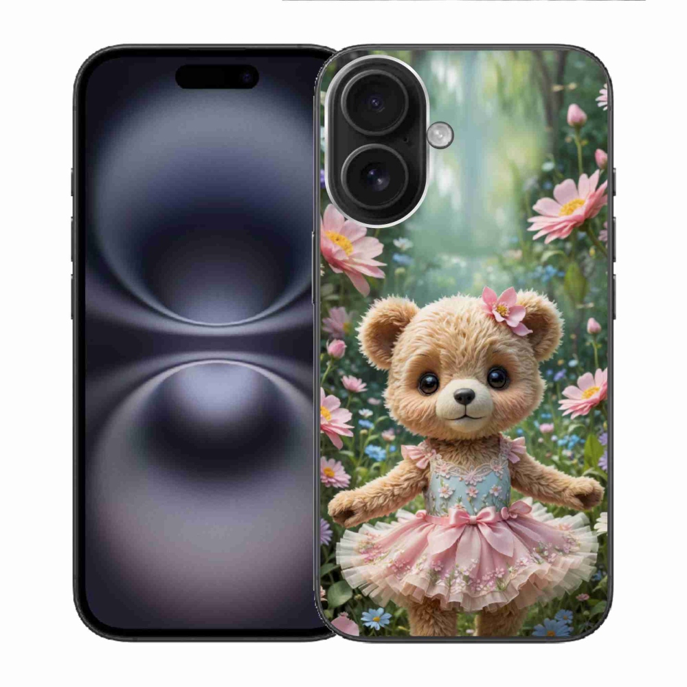 Gélový kryt mmCase na iPhone 16 - roztomilý medvedík v kvetoch