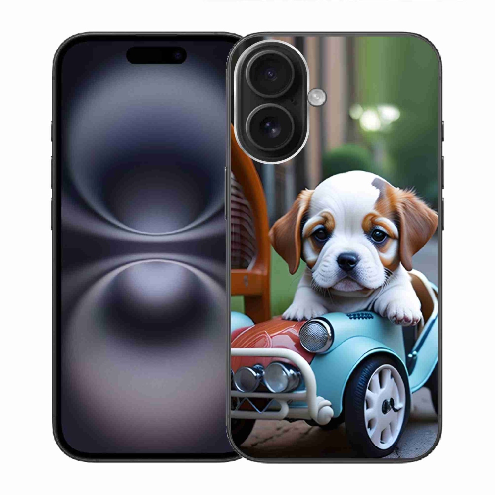 Gélový kryt mmCase na iPhone 16 - šteňa v retro aute