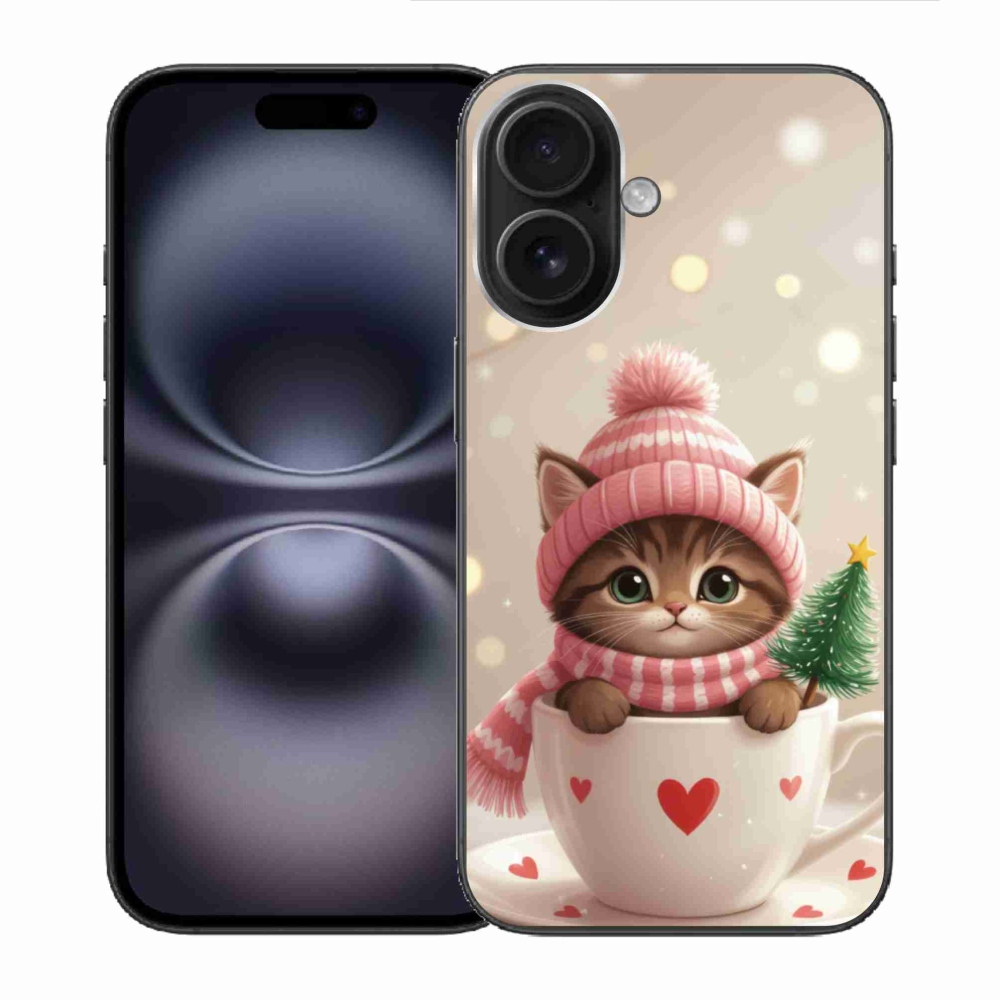 Gélový kryt mmCase na iPhone 16 - vianočné mačiatko v hrnčeku