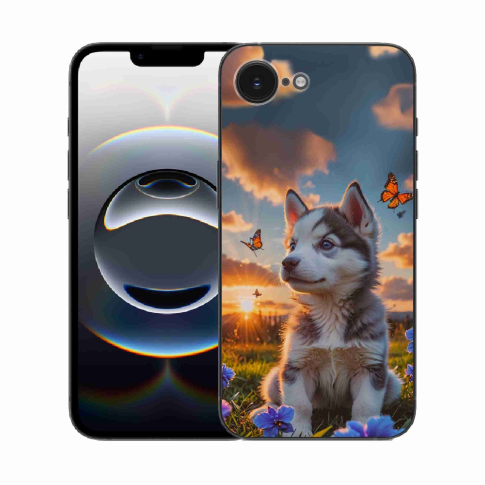 Gélový kryt mmCase na iPhone 16e - husky pri západe slnka