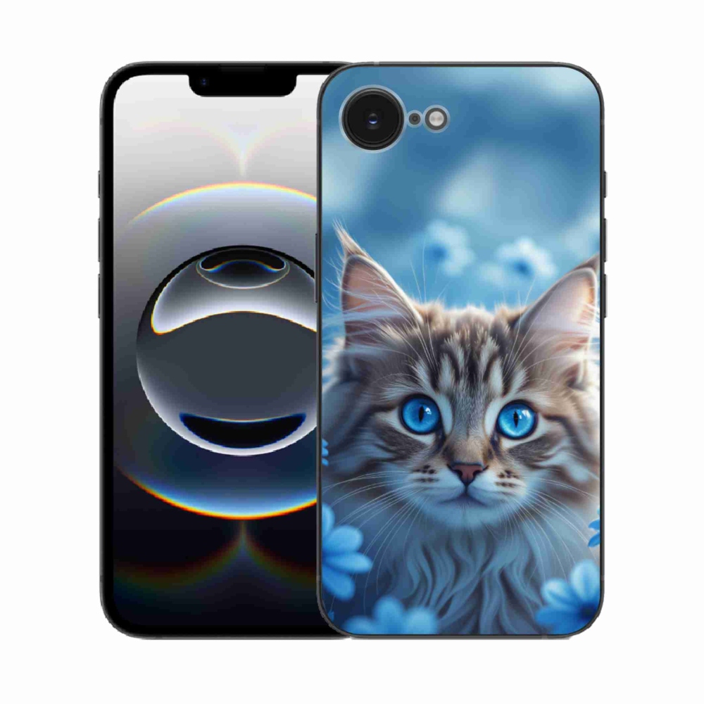 Gélový kryt mmCase na iPhone 16e - mačiatko v modrých kvetoch