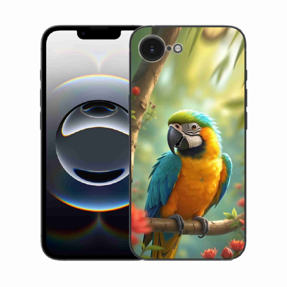 Gélový kryt mmCase na iPhone 16e - papagáj ara modrožltá