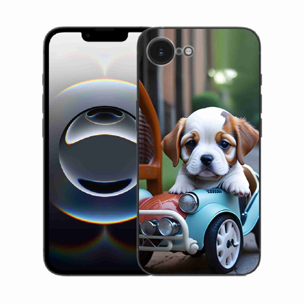 Gélový kryt mmCase na iPhone 16e - šteňa v retro aute