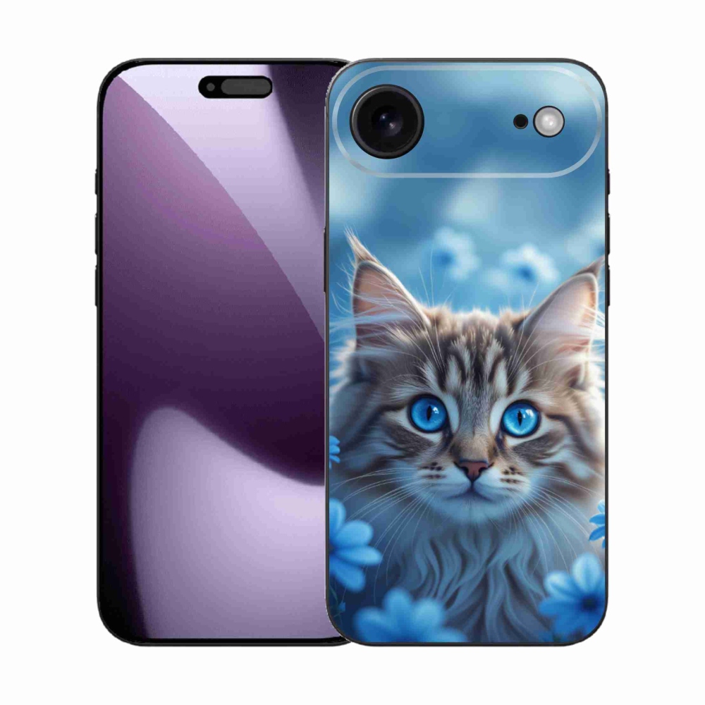 Gélový kryt mmCase na iPhone 17 Air - mačiatko v modrých kvetoch