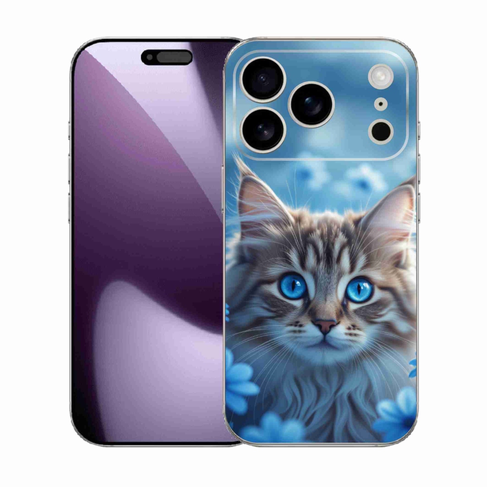 Gélový kryt mmCase na iPhone 17 Pro - mačiatko v modrých kvetoch