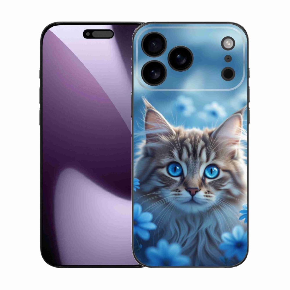 Gélový kryt mmCase na iPhone 17 Pro Max - mačiatko v modrých kvetoch