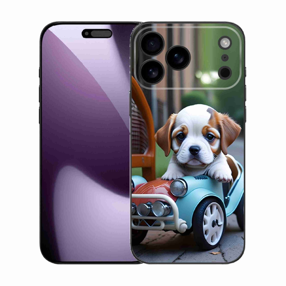 Gélový kryt mmCase na iPhone 17 Pro Max - šteňa v retro aute