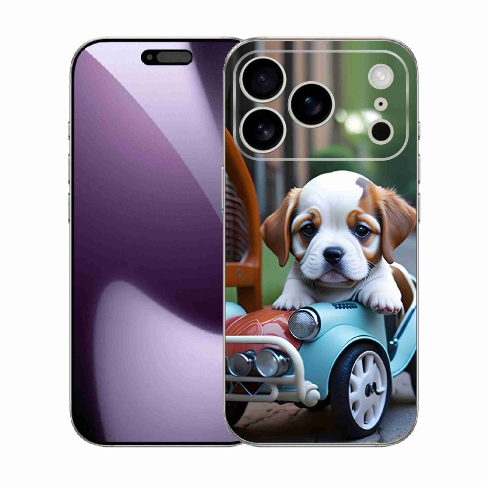 Gélový kryt mmCase na iPhone 17 Pro - šteňa v retro aute