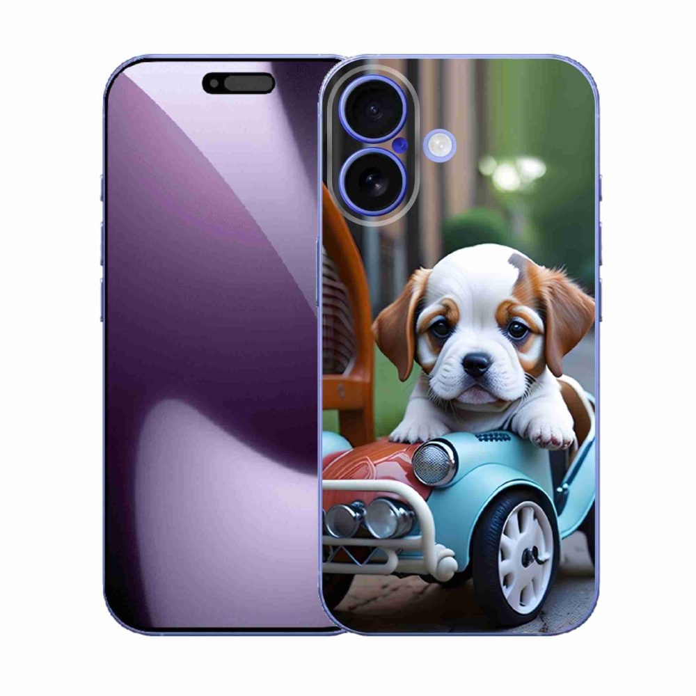 Gélový kryt mmCase na iPhone 17 - šteňa v retro aute