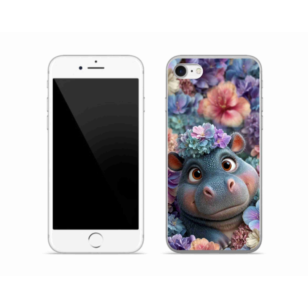 Gélový kryt mmCase na iPhone SE (2020) - hrošík v kvetoch