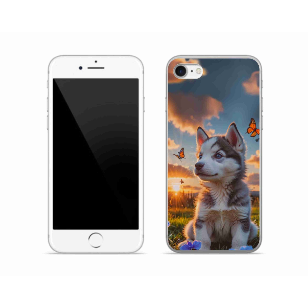 Gélový kryt mmCase na iPhone SE (2020) - husky pri západe slnka