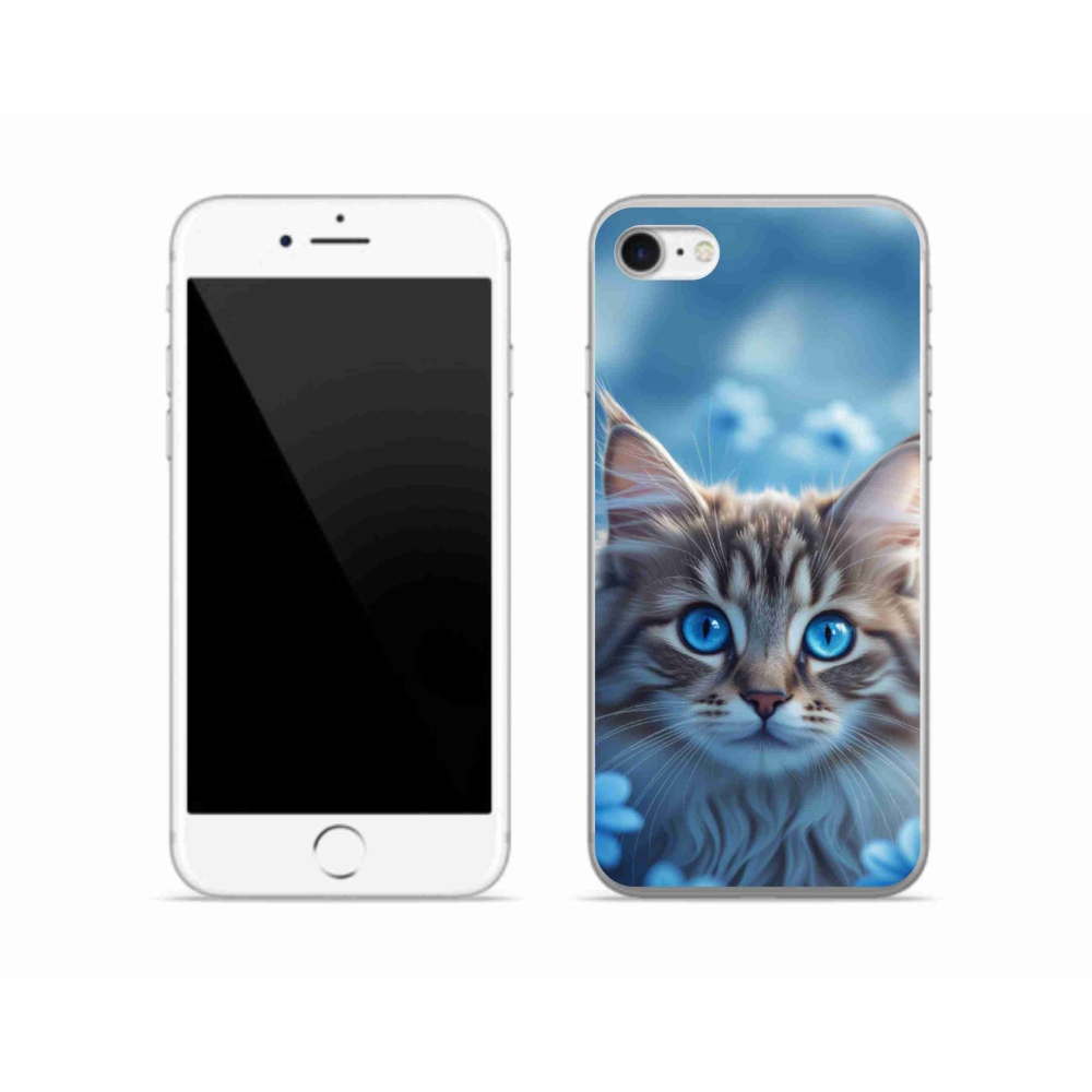 Gélový kryt mmCase na iPhone SE (2020) - mačiatko v modrých kvetoch