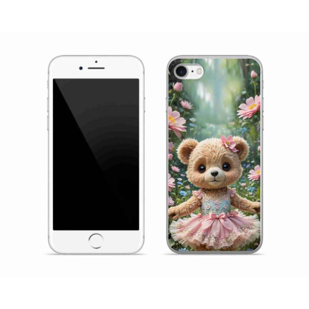 Gélový kryt mmCase na iPhone SE (2020) - roztomilý medvedík v kvetoch