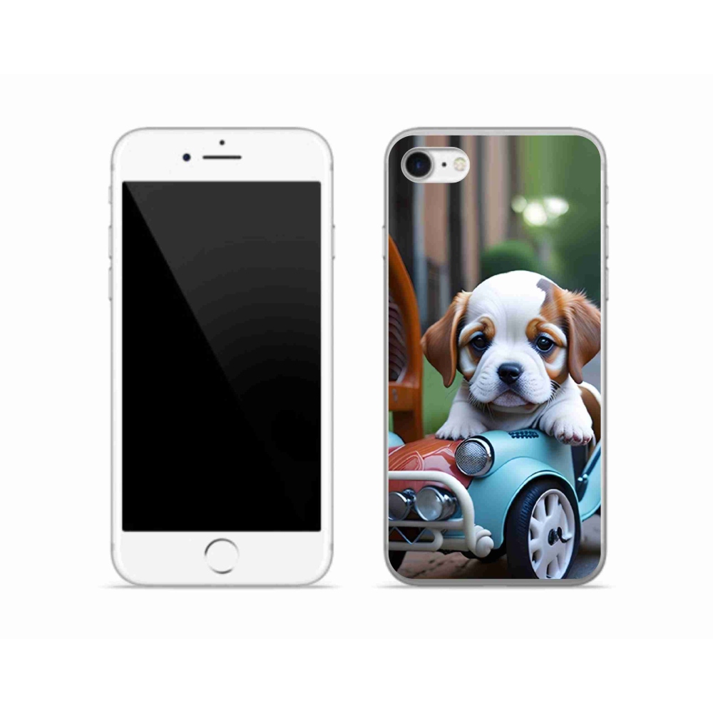 Gélový kryt mmCase na iPhone SE (2020) - šteňa v retro aute