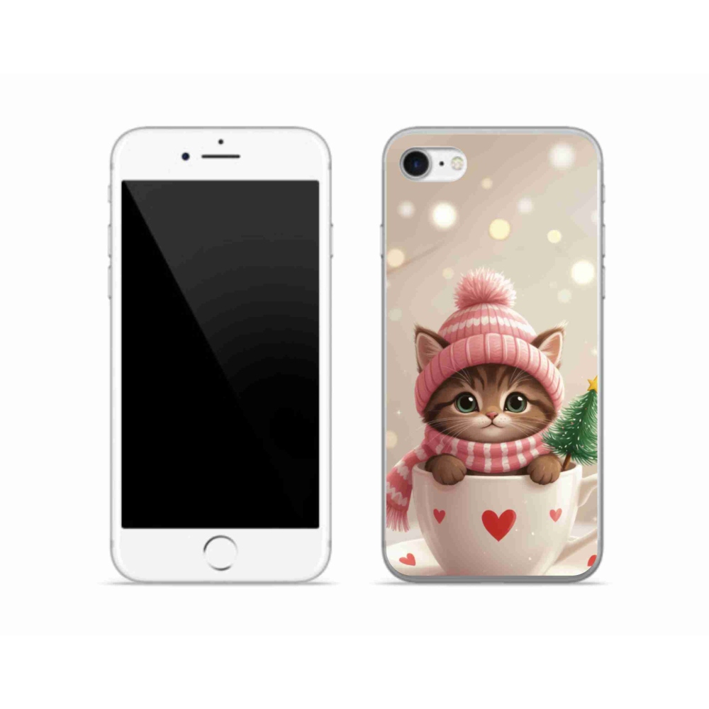 Gélový kryt mmCase na iPhone SE (2020) - vianočné mačiatko v hrnčeku