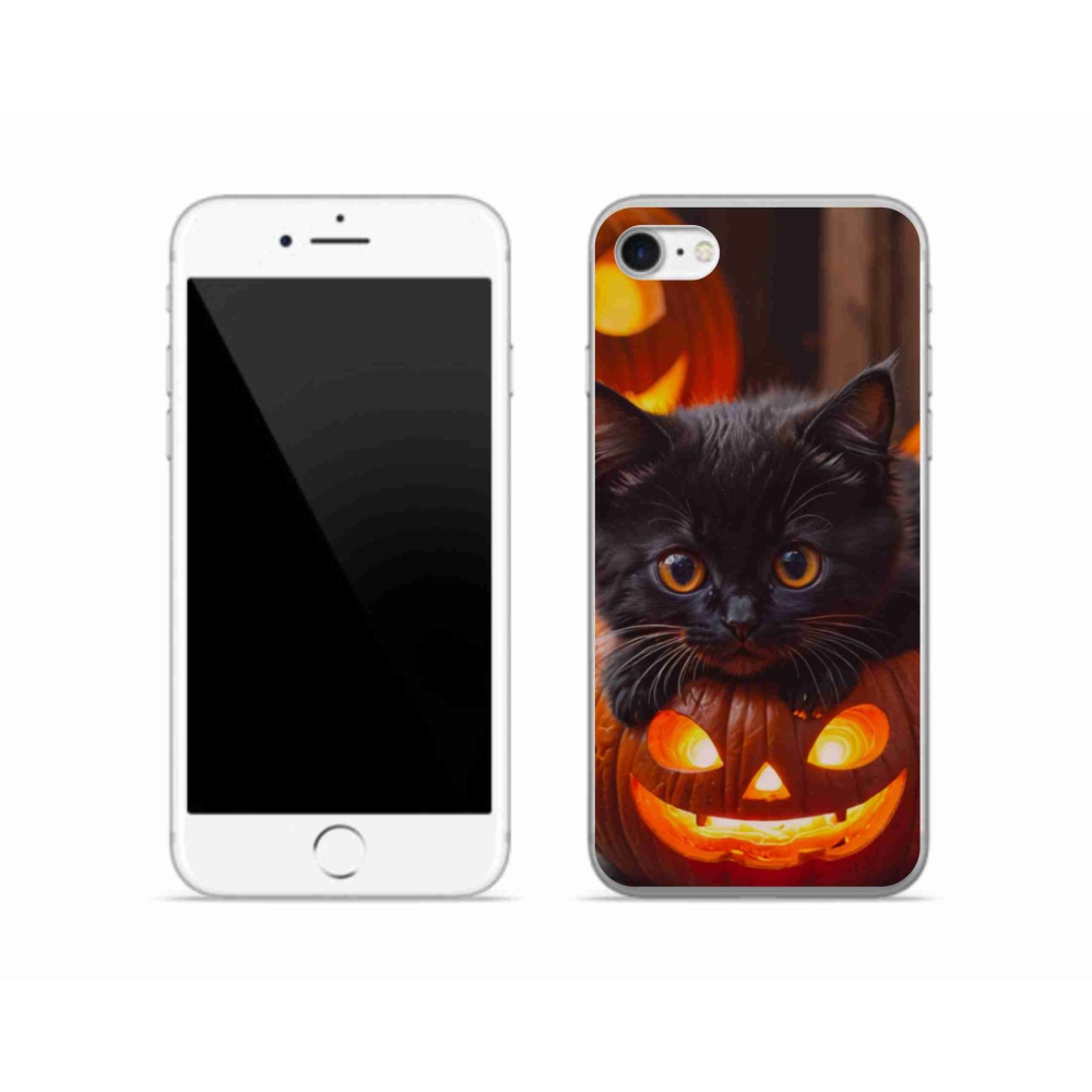 Gélový kryt mmCase na iPhone SE (2022) - mačiatko a tekvica