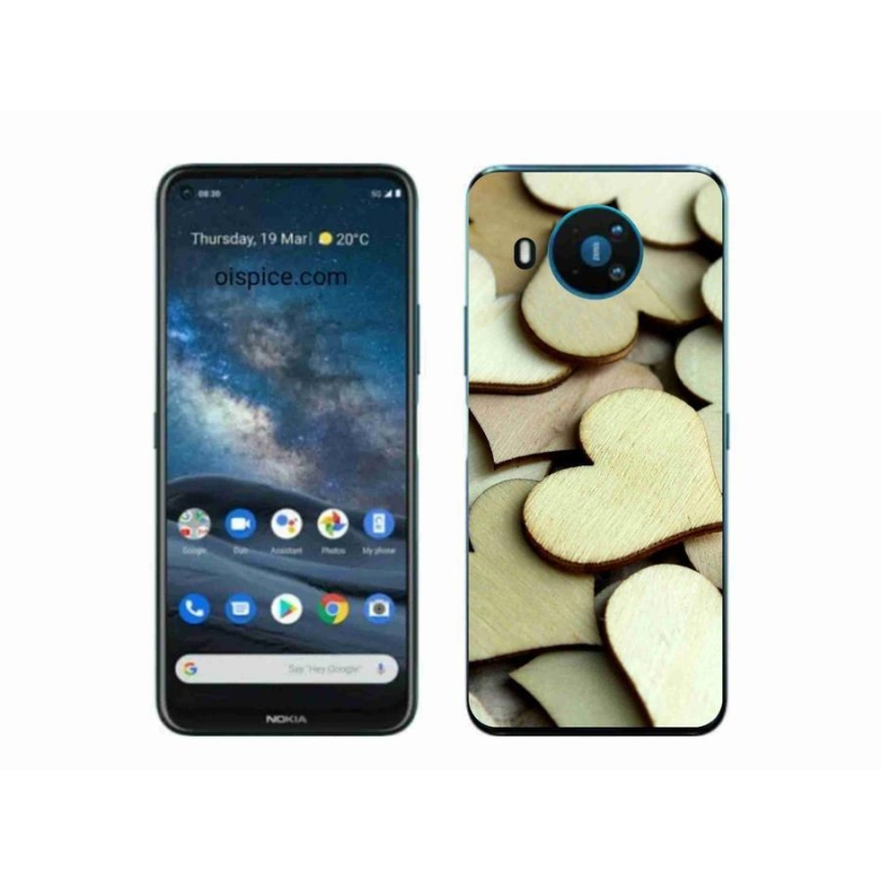 Gélový kryt mmCase na mobil Nokia 8.3 5G - drevená srdiečka