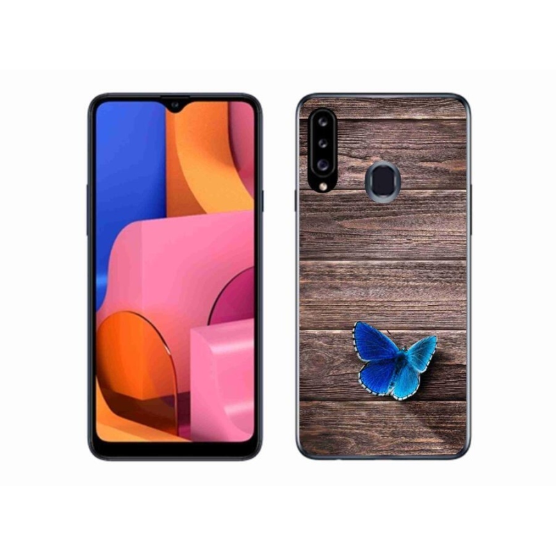 Gélový kryt mmCase na mobil Samsung Galaxy A20S - modrý motýľ 1