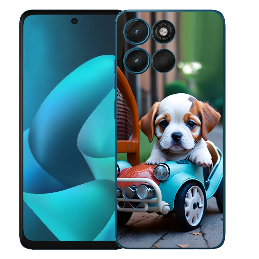 Gélový obal mmCase pre Motorola Moto G57 Power – šteniatko v retro aute