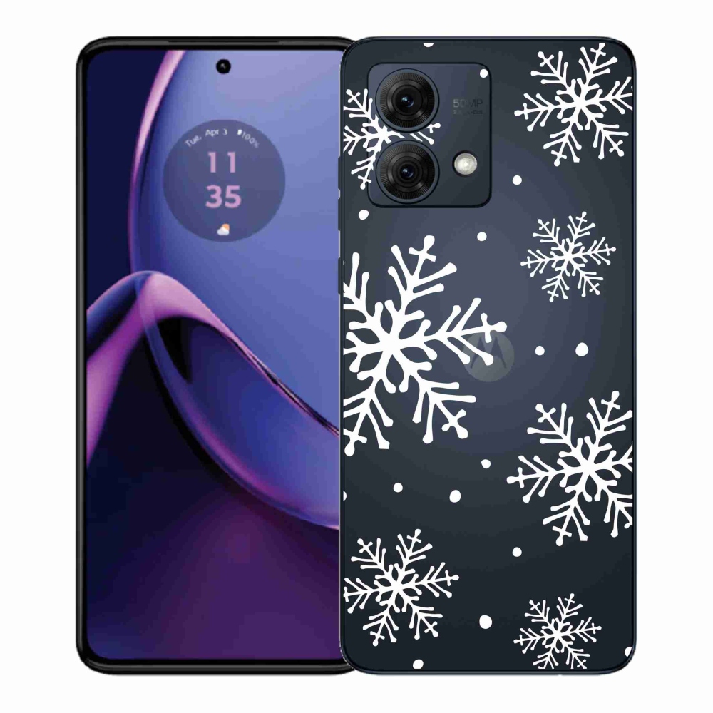 Gélový kryt mmCase na Motorola Moto G84 5G - biele vločky na priehľadnom pozadí