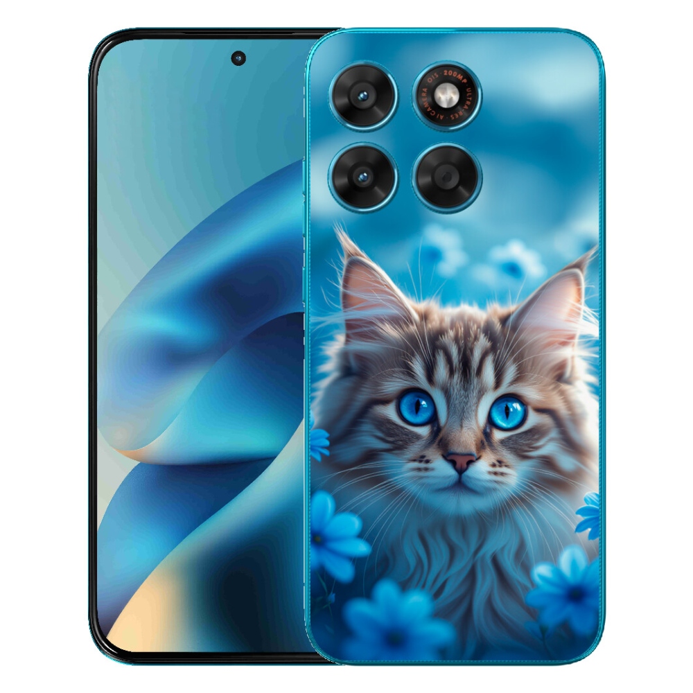 Gélové puzdro mmCase pre Motorola Moto G87/G77/G67 – mačiatko medzi modrými kvetmi