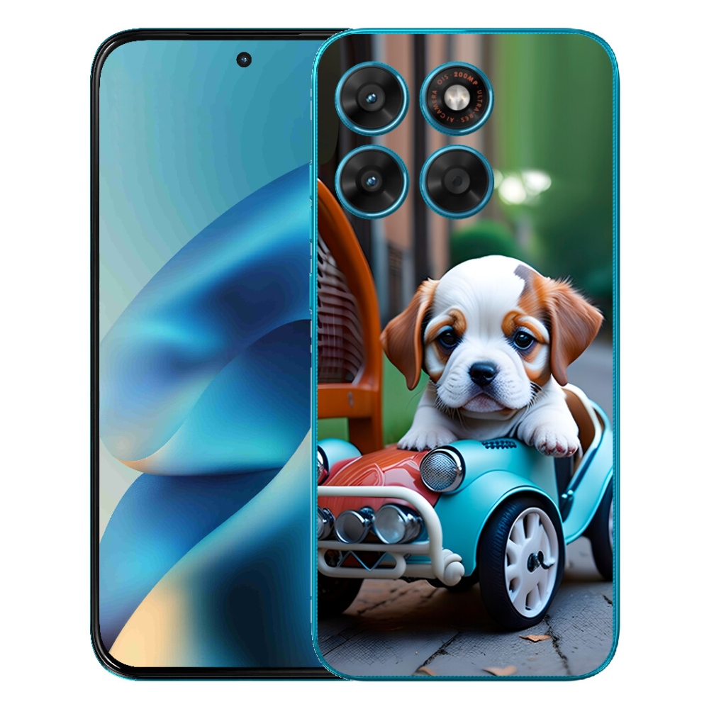 Gélový obal mmCase pre Motorola Moto G87/G77/G67 – šteniatko v retro aute