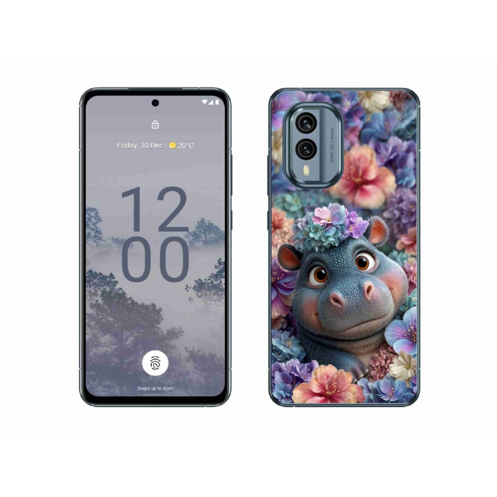 Gélový kryt mmCase na Nokia X30 5G - hrošík v kvetoch