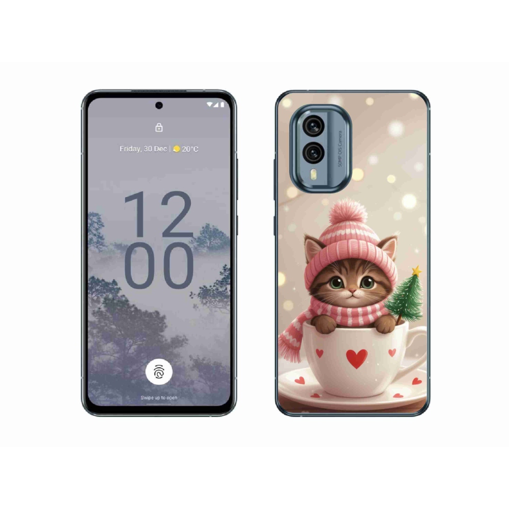 Gélový kryt mmCase na Nokia X30 5G - vianočné mačiatko v hrnčeku