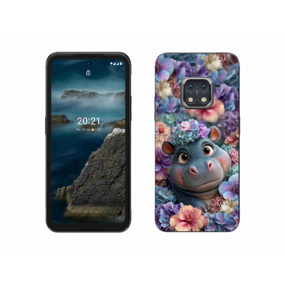 Gélový kryt mmCase na Nokia XR20 - hrošík v kvetoch