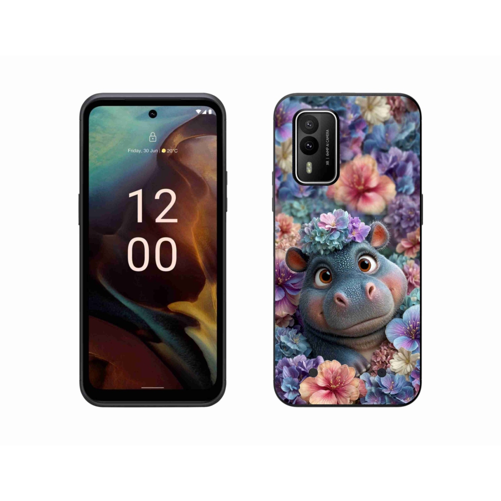 Gélový kryt mmCase na Nokia XR21 - hrošík v kvetoch
