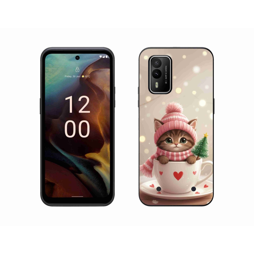 Gélový kryt mmCase na Nokia XR21 - vianočné mačiatko v hrnčeku