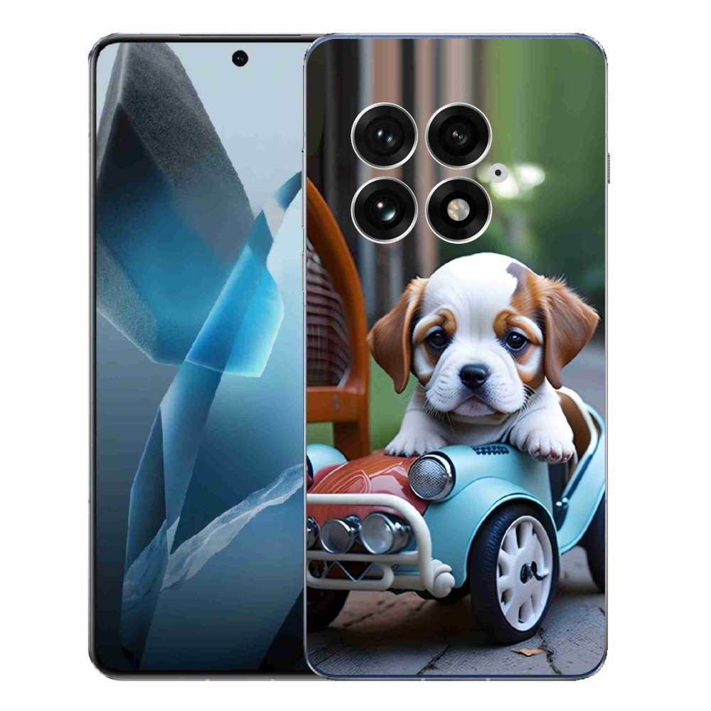 Gélový kryt mmCase na One Plus 13 - šteňa v retro aute