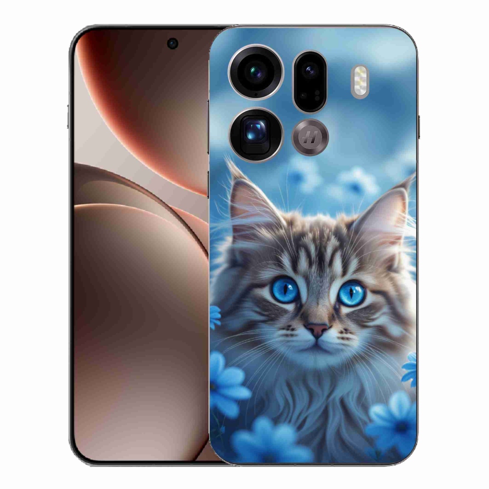 Gélový kryt mmCase na Oppo Find X9 Pro - mačiatko v modrých kvetoch