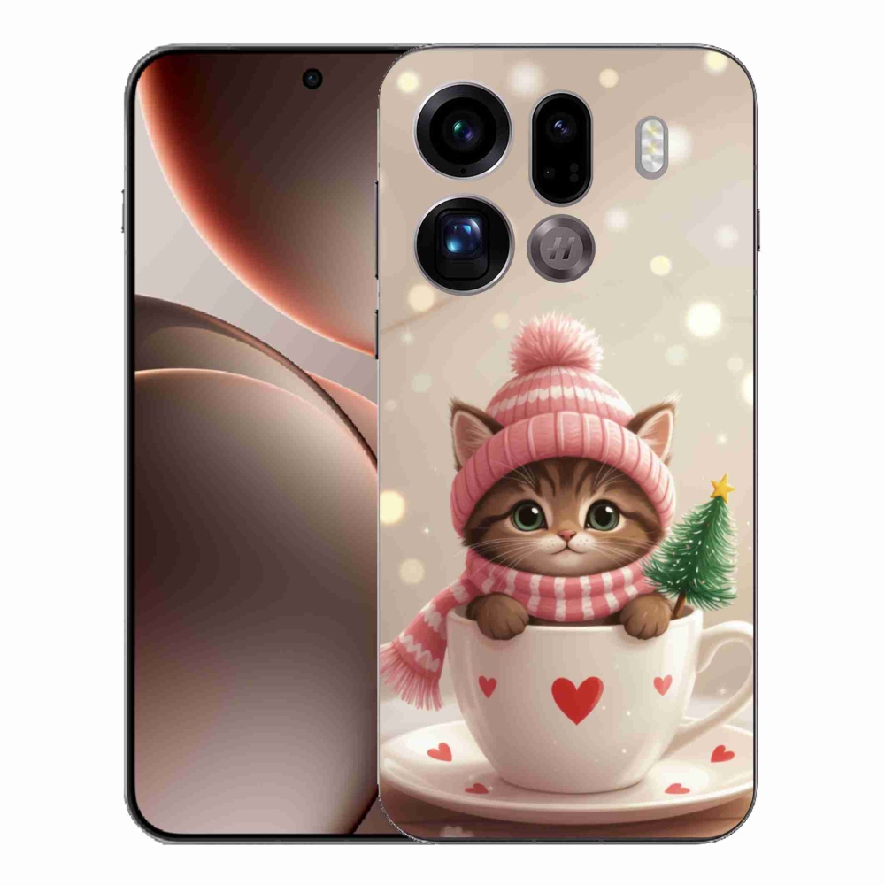 Gélový kryt mmCase na Oppo Find X9 Pro - vianočné mačiatko v hrnčeku