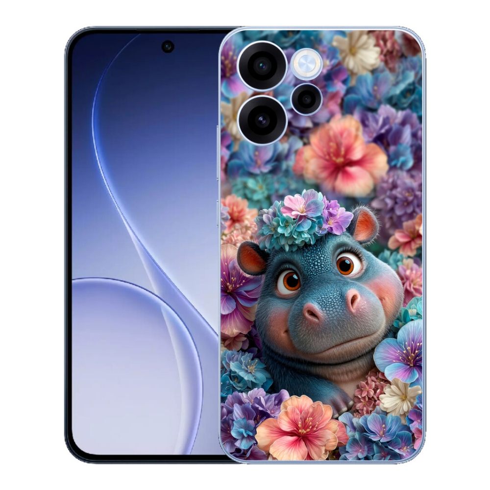 Gélový kryt mmCase na Oppo Reno 15 FS 5G - hrošík v kvetoch