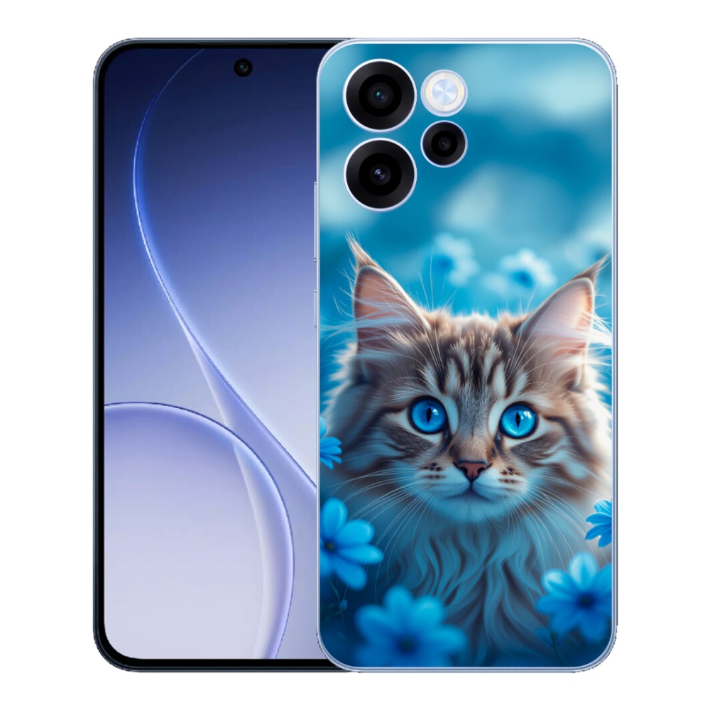 Gélový kryt mmCase na Oppo Reno 15 FS 5G - mačiatko v modrých kvetoch