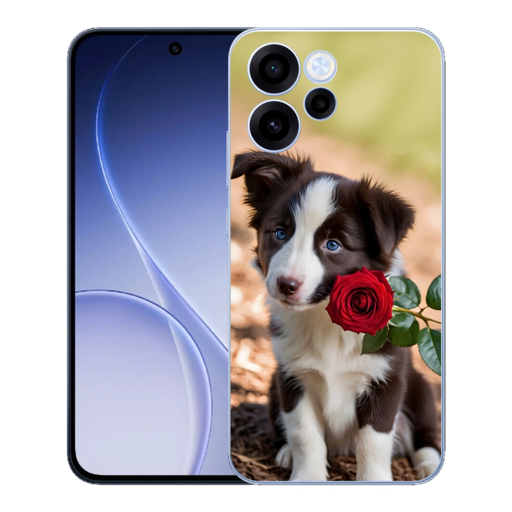 Gélový kryt mmCase na Oppo Reno 15 FS 5G - roztomilá border kólia s ružou