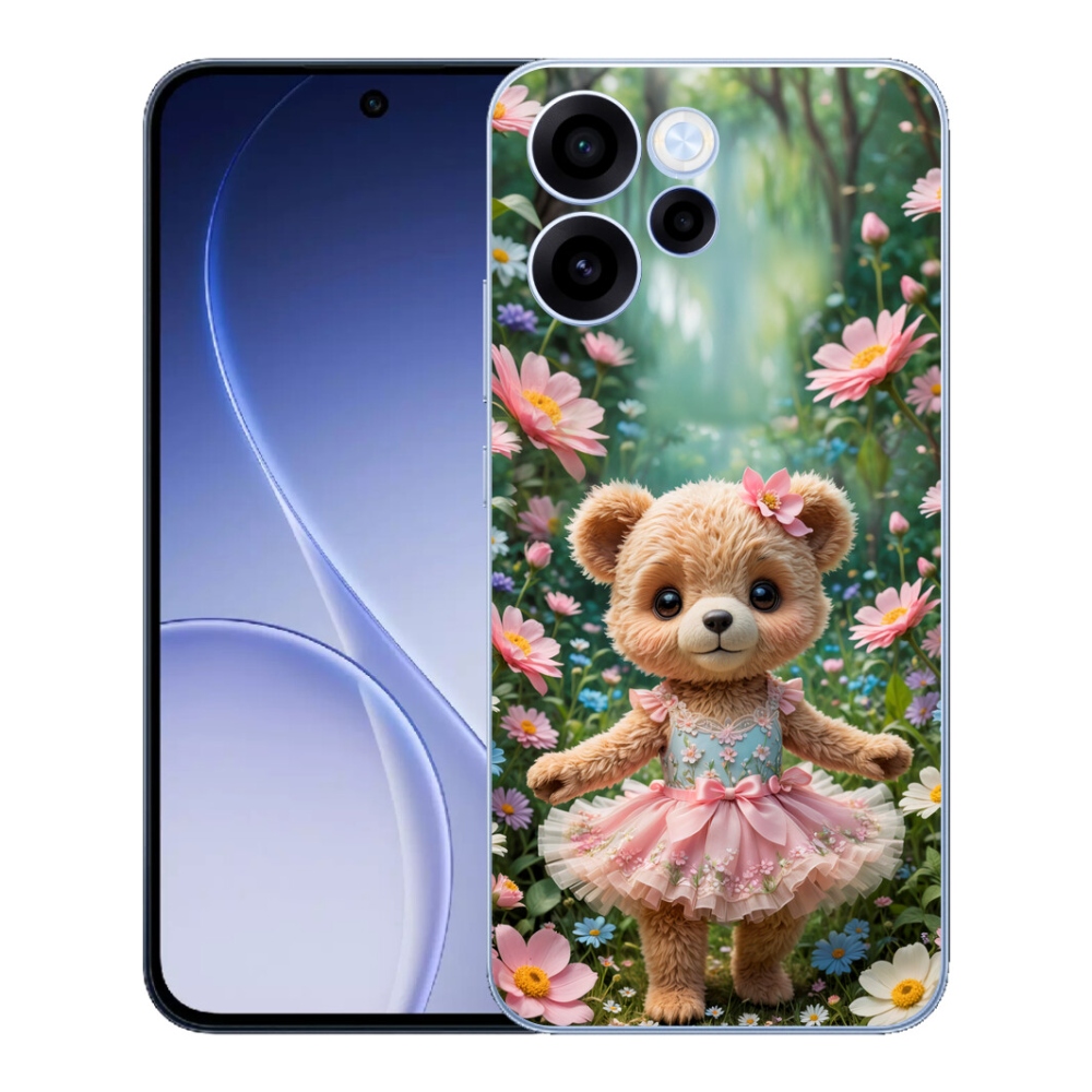 Gélový kryt mmCase na Oppo Reno 15 FS 5G - roztomilý medvedík v kvetoch