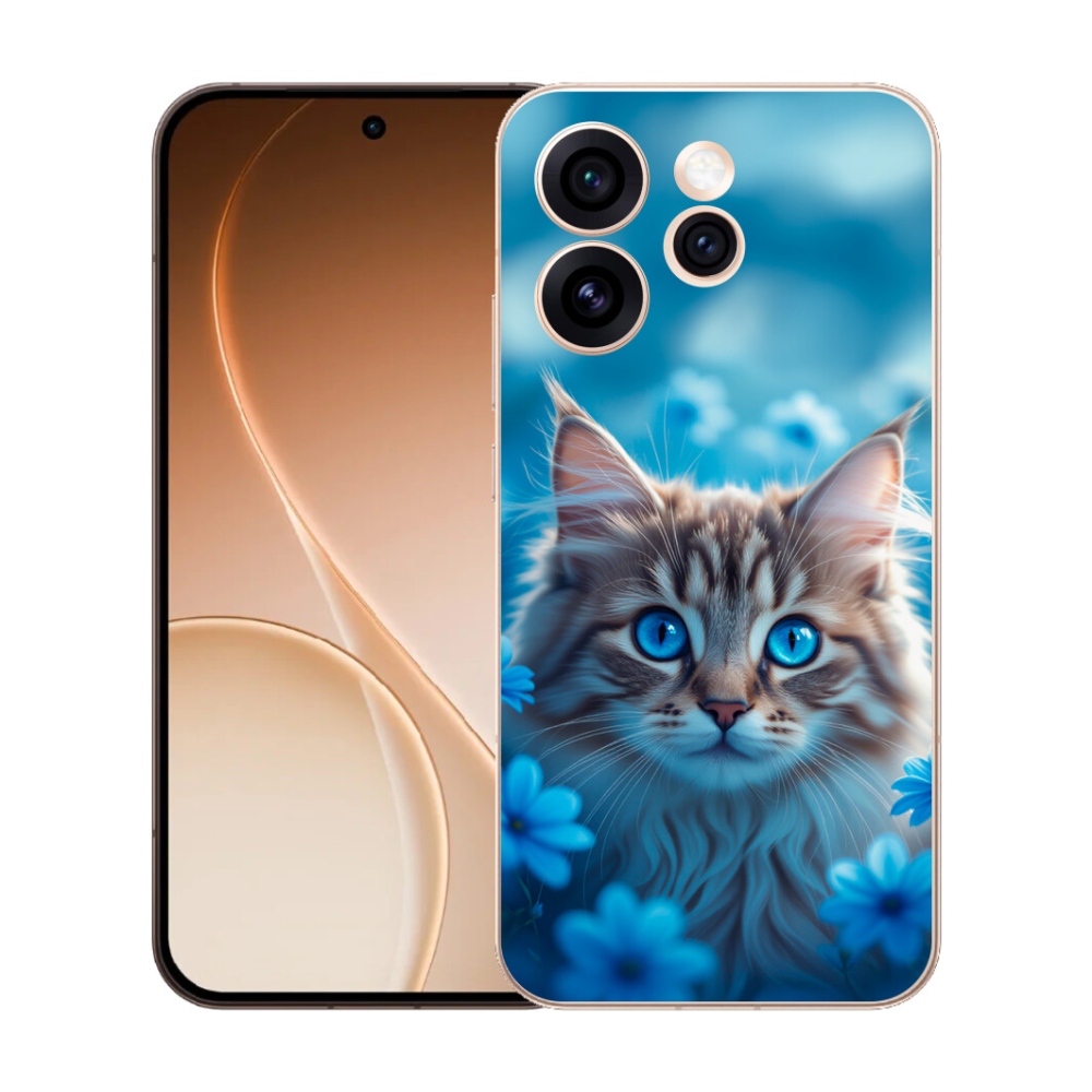 Gélový kryt mmCase na Oppo Reno 15 Pro 5G - mačiatko v modrých kvetoch
