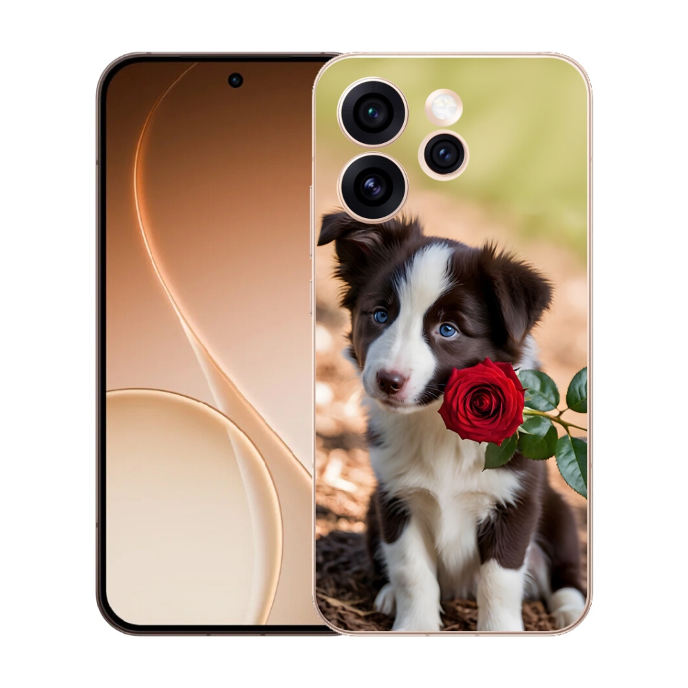 Gélový kryt mmCase na Oppo Reno 15 Pro 5G - roztomilá border kólia s ružou