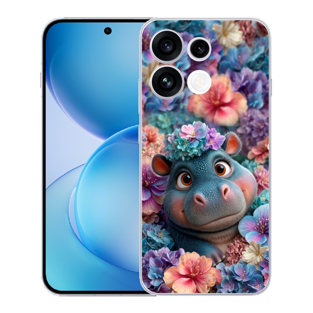 Gélový kryt mmCase na Oppo Reno 16 FS 5G - hrošík v kvetoch