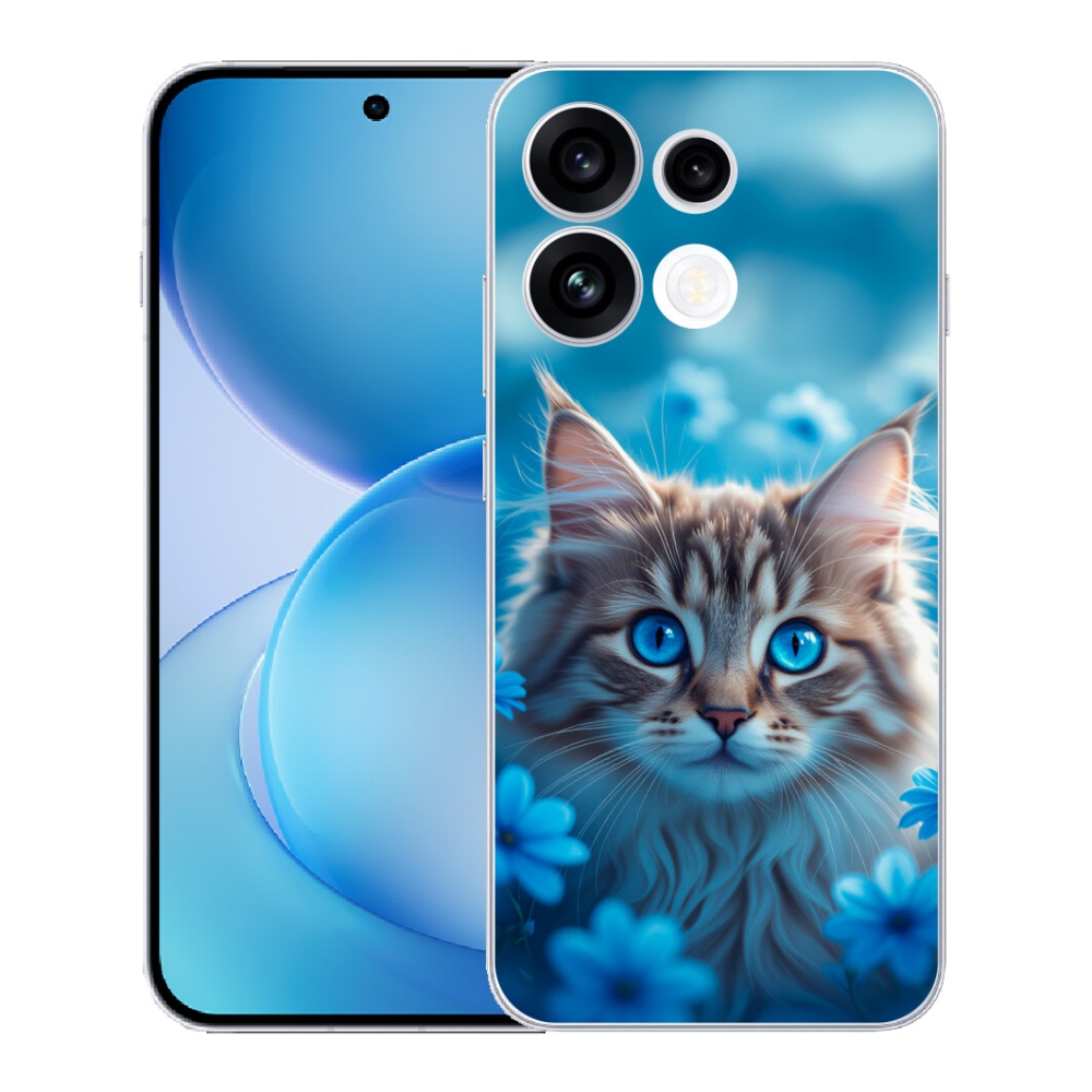 Gélový kryt mmCase na Oppo Reno 16 FS 5G - mačiatko v modrých kvetoch