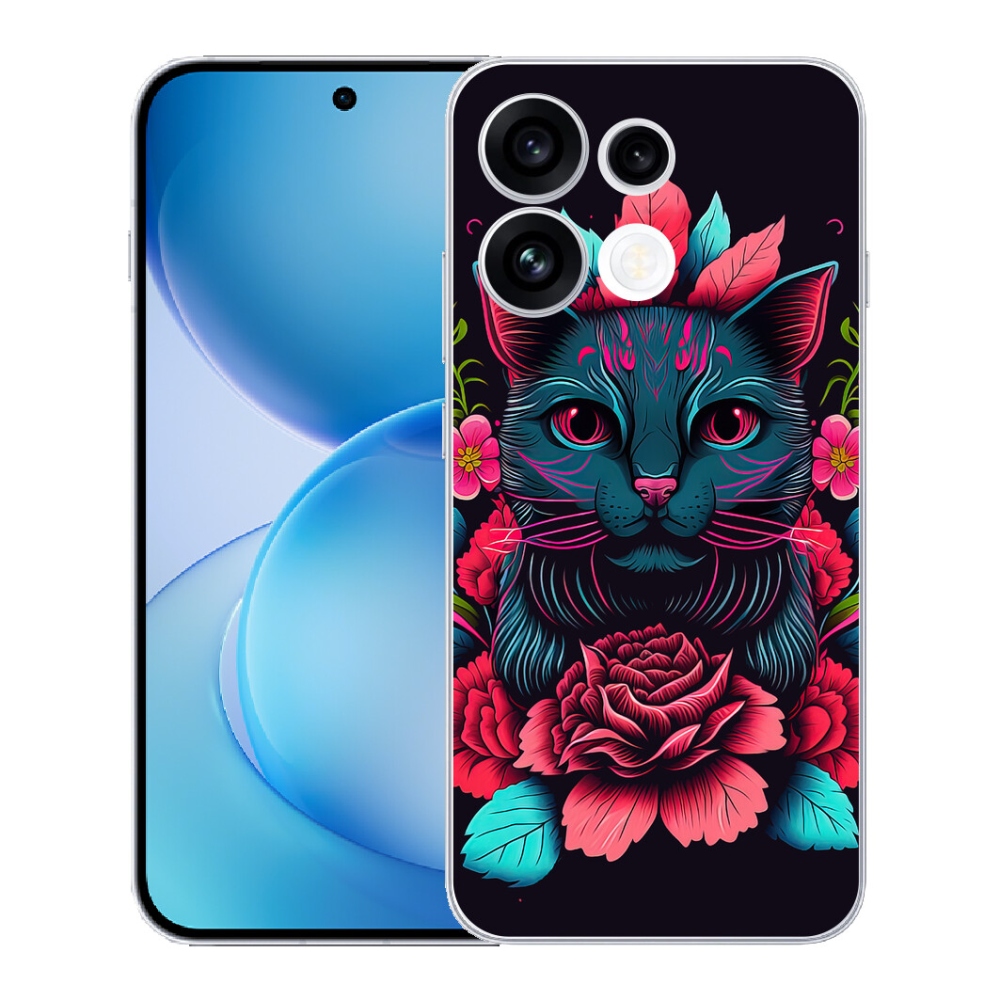Gélový kryt mmCase na Oppo Reno 16 FS 5G - kvety a mačka