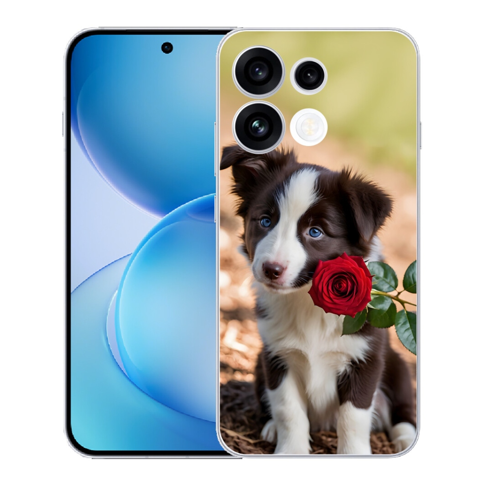 Gélový kryt mmCase na Oppo Reno 16 FS 5G - roztomilá border kólia s ružou
