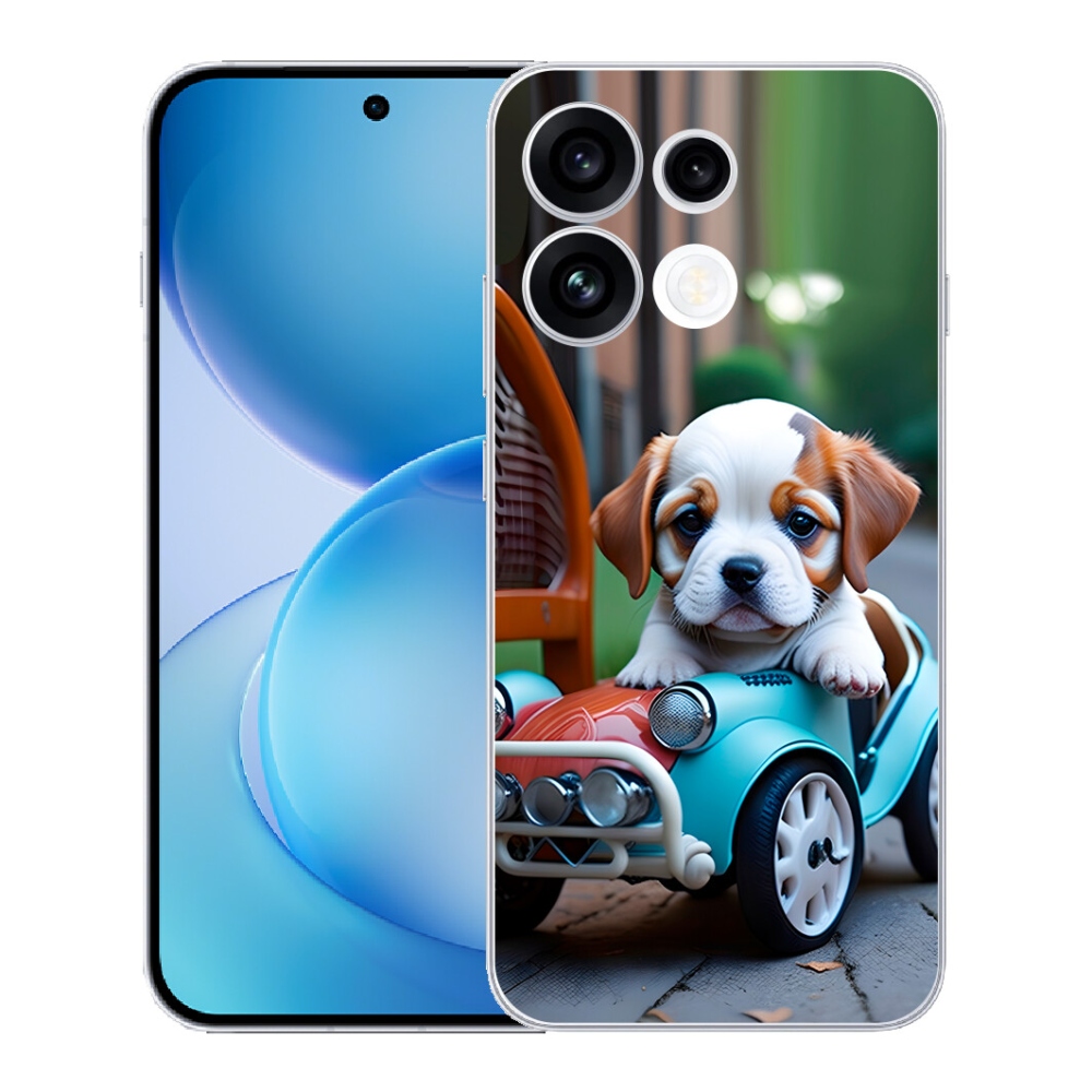 Gélový kryt mmCase na Oppo Reno 16 FS 5G - šteňa v retro aute
