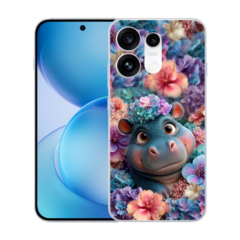 Gélový kryt mmCase na Oppo Reno 16 Pro 5G - hrošík v kvetoch