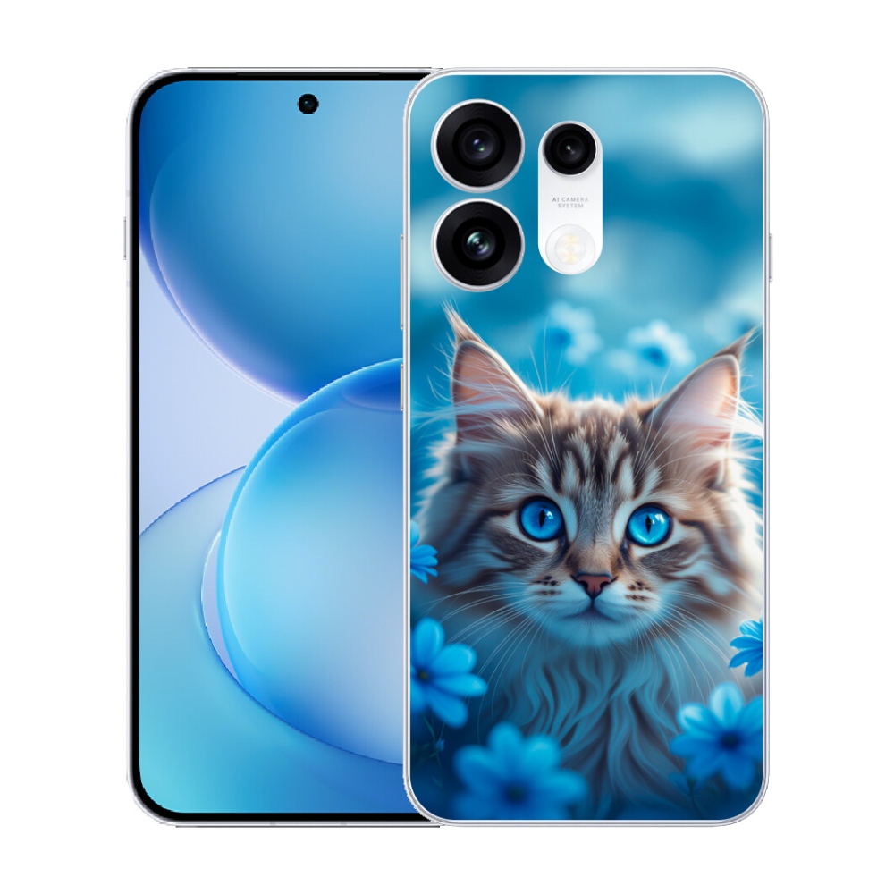 Gélový kryt mmCase na Oppo Reno 16 Pro 5G - mačiatko v modrých kvetoch
