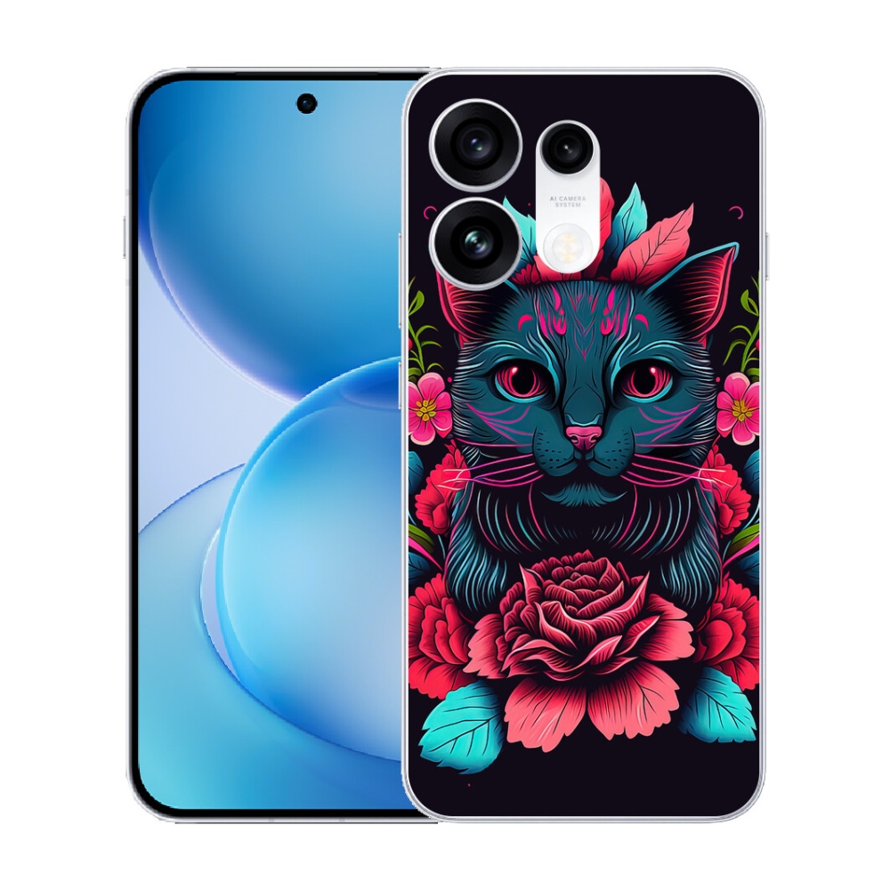 Gélový kryt mmCase na Oppo Reno 16 Pro 5G - kvety a mačka